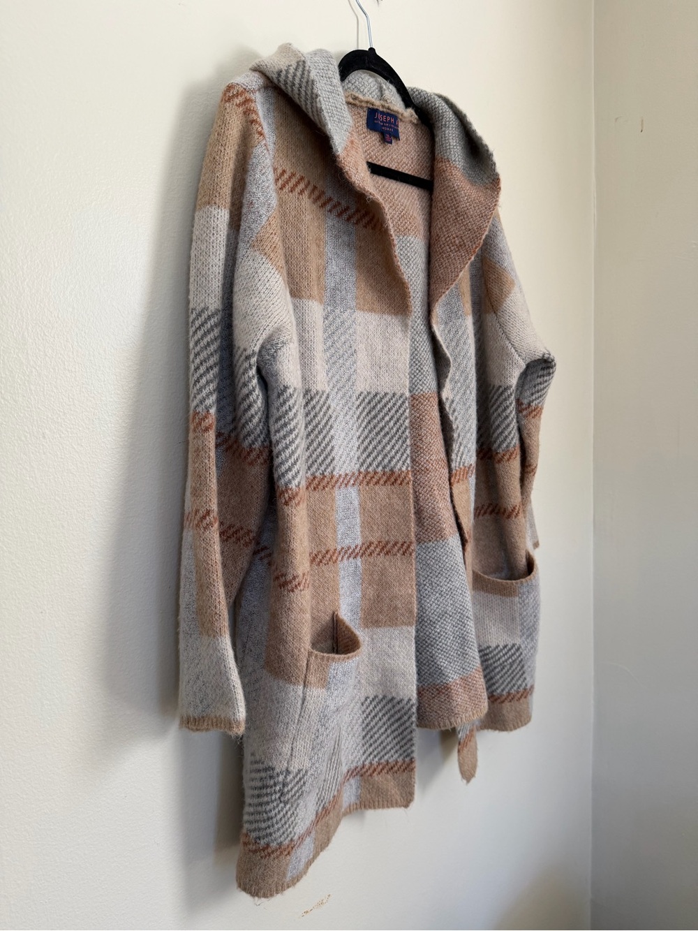 Joseph A Hooded Plaid Open-Front Cardigan Coatigan Grey Beige 1X - Picture 2 of 14